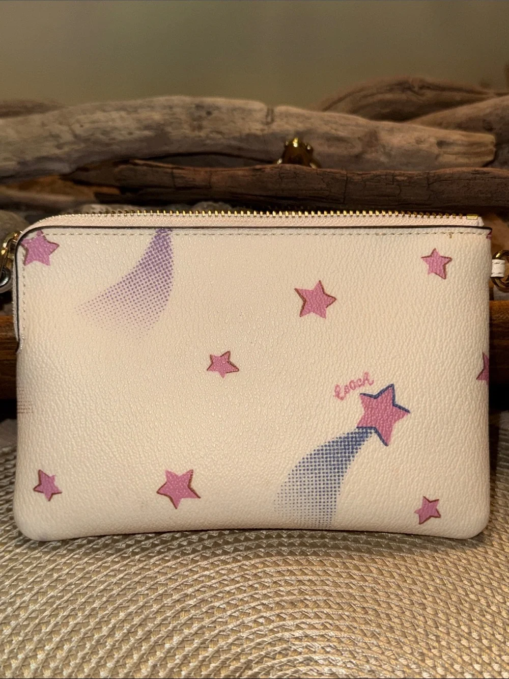 Coach Cream Wristlet with Pink Star Print and Blue Accents